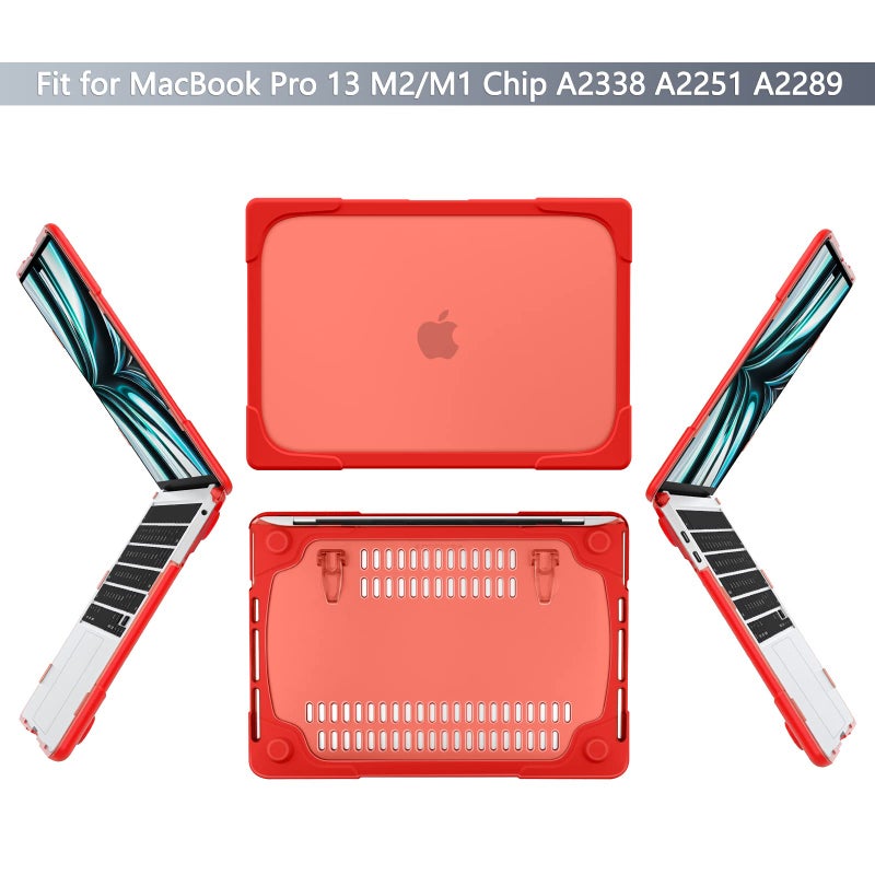 Batianda Heavy Duty Case for MacBook Pro 13 inch 2022 2020 Release A2338 M2 M1 A2289 A2251, Ergonomic Foldable Kickstand (Holds 22lbs) Matte Translucent Shockproof Cover with Spare Parts, Red - Image 2